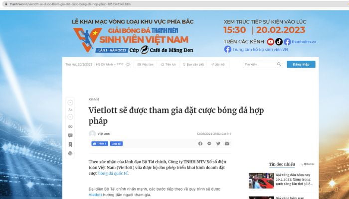 Thông tin Vietlott ra mắt cá cược bóng đá quốc tế trên báo Thanh Niên